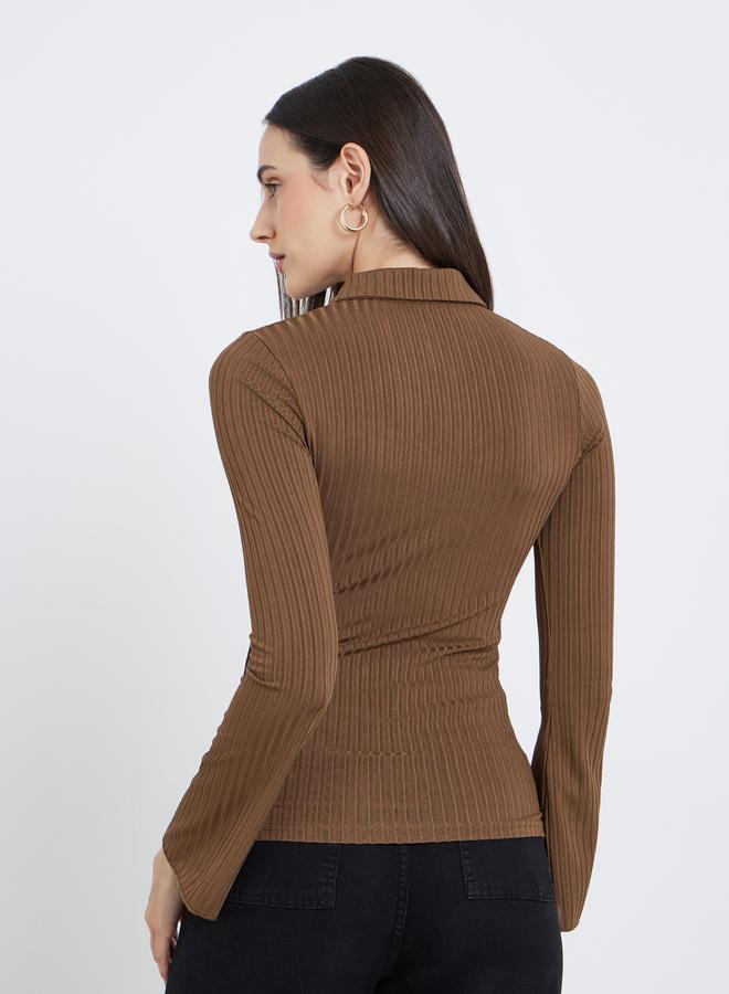 Styli Fitted Ribbed Long Sleeve Polo T-Shirt - Image 5